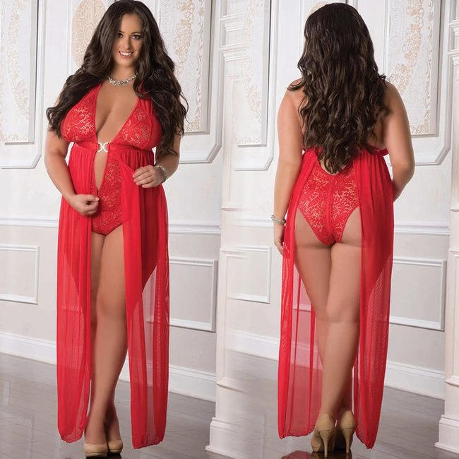 . Zipper Crotch Teddy Gown - Black - Size - Fabric & Feel