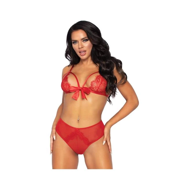 2pc Eyelash Lace Strappy Bralette with Front Closure Ribbon Detail and Matching Ribbon Tie Crotchles - Fabric & Feel