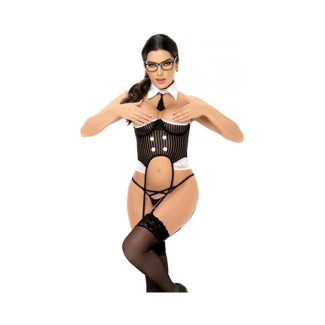 3 Pc Ceo Open Cup Bodysuit W/attached Garterstraps, Bottom & Collar W/tie Blk/wht - Build & Quality