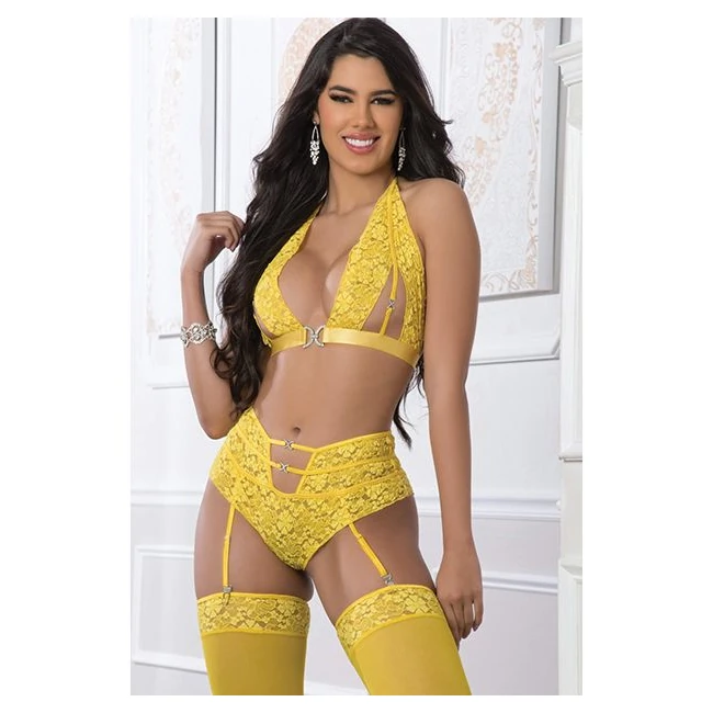 3pc High Waist Garter Laced Panty Set Illuminating O/s - Fabric & Feel