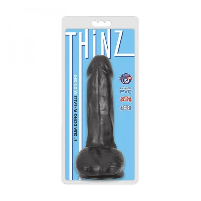 6 Inch Slim Dildo with Balls - Black - Shape & Texture