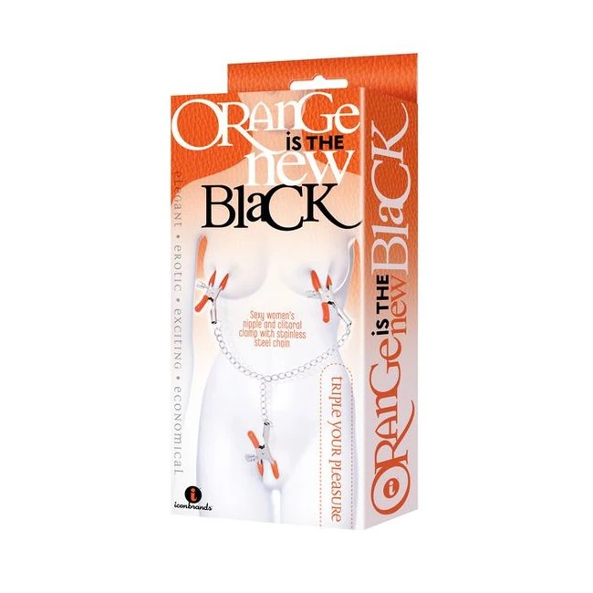 9's Orange Is the New Black Triple Your Pleasure Clamps & Chain - Stainless Steel Chain Joining Three Clamps