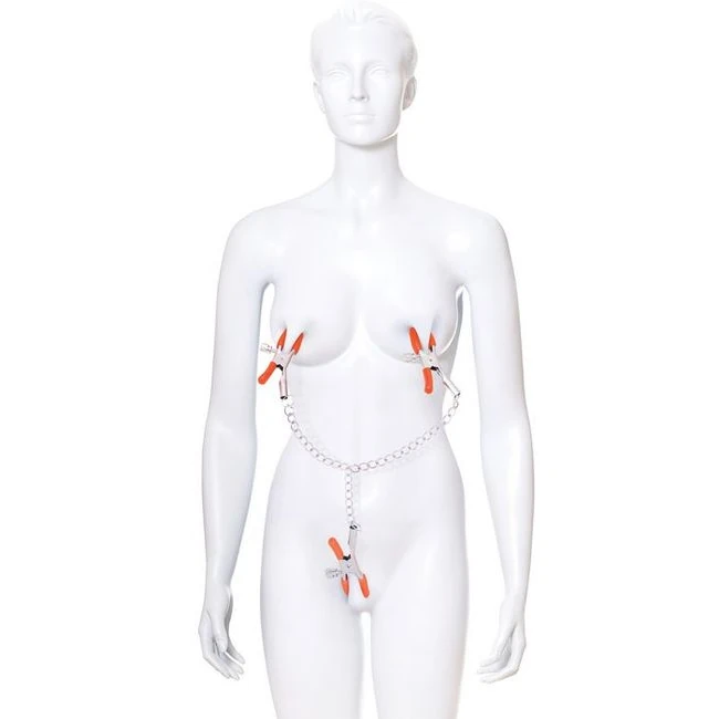9's Orange Is the New Black Triple Your Pleasure Clamps & Chain - Tension Screws and Alligator Ends