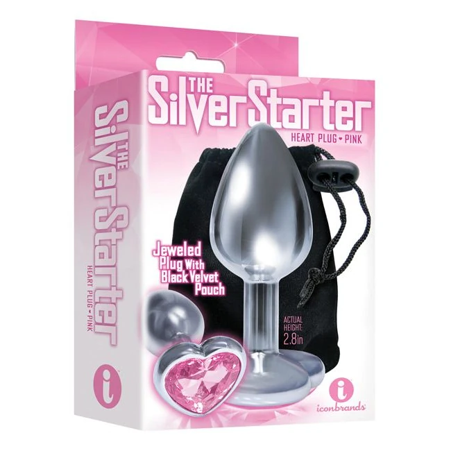 9's Silver Starter Heart Bejeweled Steel Plug Pink - A Flared Heart Base That Stops Short