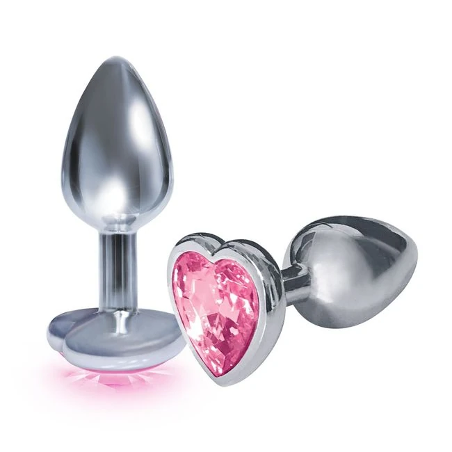 9's Silver Starter Heart Bejeweled Steel Plug Pink - Polished Steel That Warms and Cools