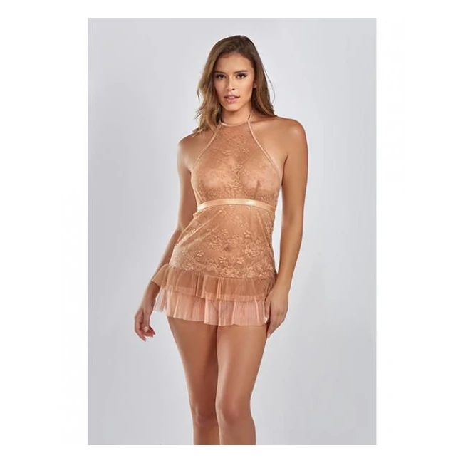 Amber Halter Lace Babydoll W/tiered Pleated Mesh Skirt Hem & G-string - Fabric & Feel