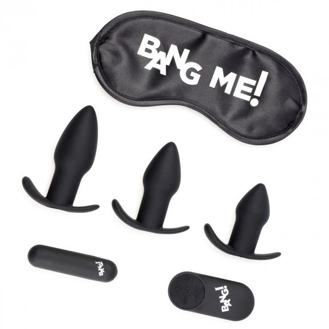 Bang! Backdoor Adventure 3pc Butt Plug Bullet & Blindfold Kit Black - Materials & Dimensions