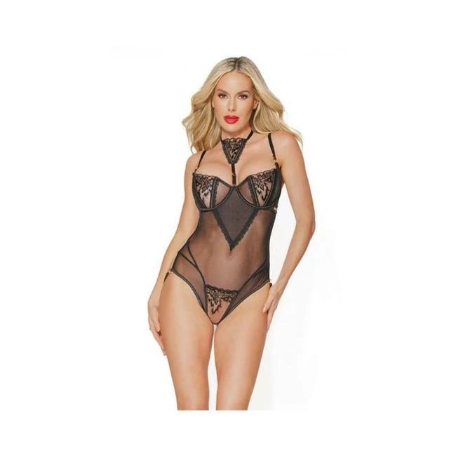 Black Label Crotchless Teddy Black/rose - Fabric & Feel