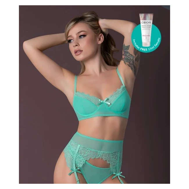 Caribbean Crush Bra & Garter Thong Set Aqua Glow - Mesh, Lace and a Little Stretch