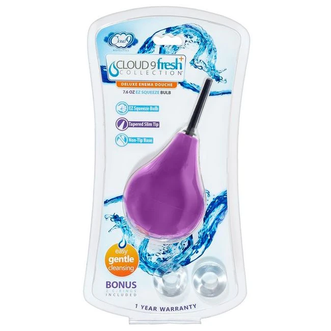 Cloud 9 Fresh + Deluxe Anal Soft Tip Enema Douche 7.6 Oz W/ Ez Squeeze Bulb & 2 C-rings - Graduated Sizing & Specifications