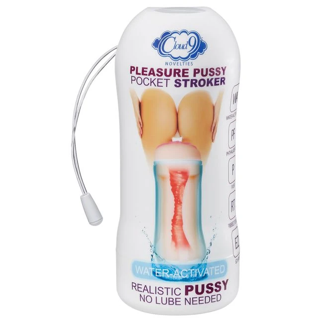 Cloud 9 Pleasure Pussy Pocket Stroker Water Activated - A Water-Activated Pocket Stroker with a Ribbed Tunnel