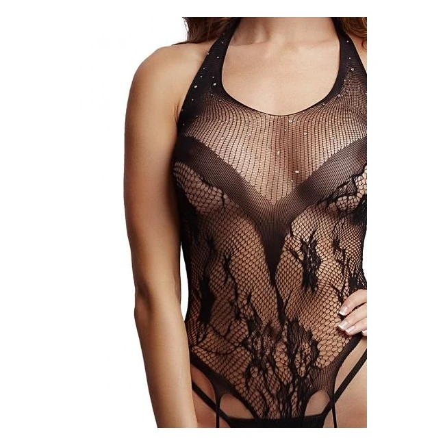 Crotchless Rhinestone Halter Teddy  - Black - Fabric & Feel