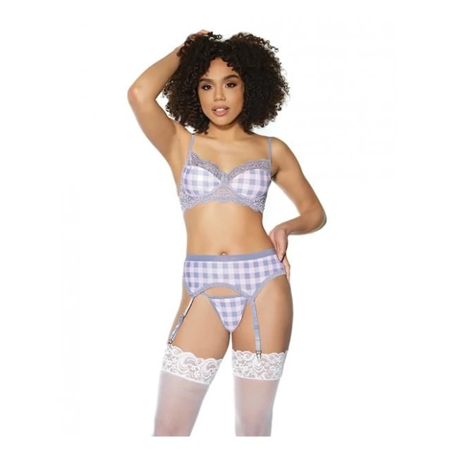 Crystal Pink Buffalo Check Print, Bra, Garter Belt & String Grey/pink - Fabric & Feel