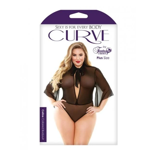 Curve Celine Collared Bodysuit Tie Neck Black 1x/2x - Hardware & Fasteners