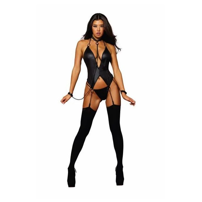 Faux Leather Short Garter W/ Black Chain Detail Black Os - Fabric & Feel