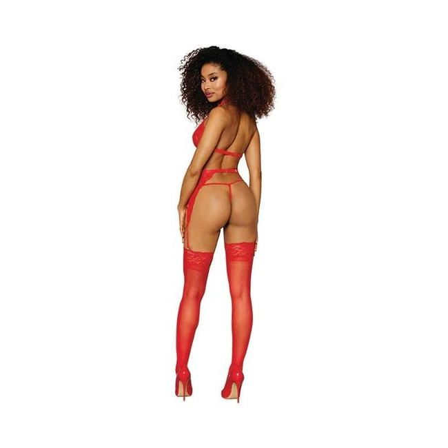 Lace Garter Slip Set W/ Go Hardware Lipstick Red O/s - Fabric & Feel