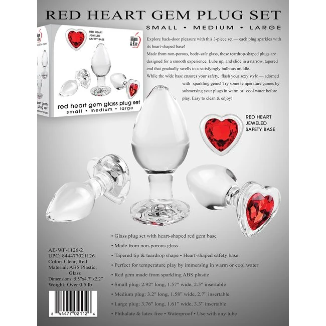 Adam & Eve Red Heart Gem Gl Plug Set - Graduated Sizing & Specifications