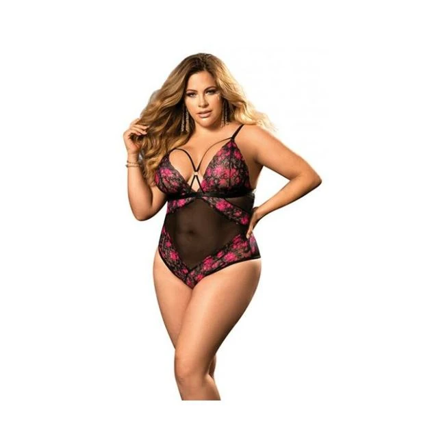 Demi Cup Lace & Mesh Teddy Black/hot Pink 1x/2x - Fabric & Feel