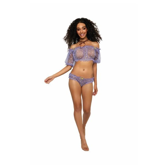 Flocked Daisy Off-shoulder Bralette & Panty Set Wisteria O/s - Fabric & Feel