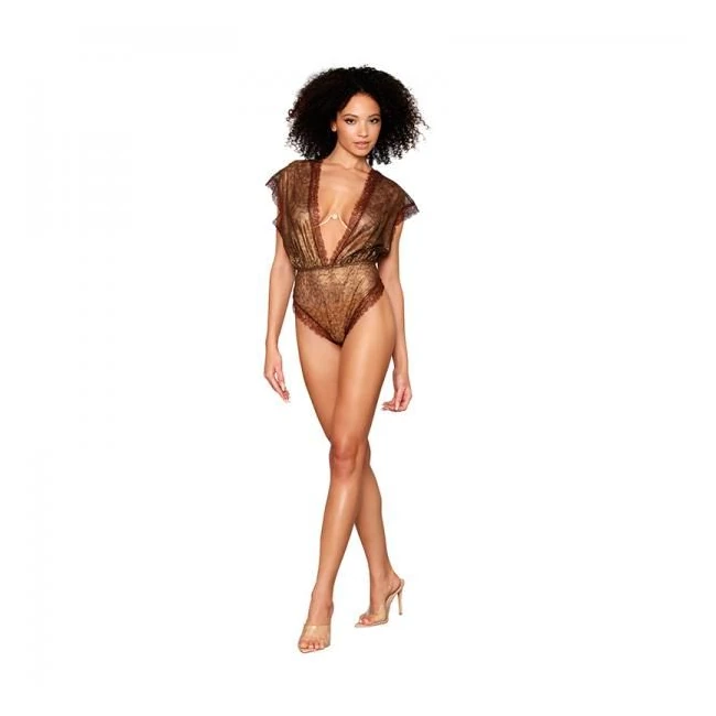 Dreamgirl Delicate Gold-foil Lace Blouson Teddy & Rhinestone Metal Underwire Bra Set - Fabric & Feel