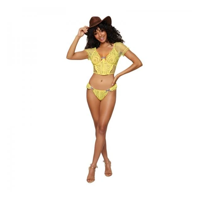Dreamgirl Embroidered Eyelet Band and Stretch Fishnet Bustier and G-string Set Citrus - Fabric & Feel
