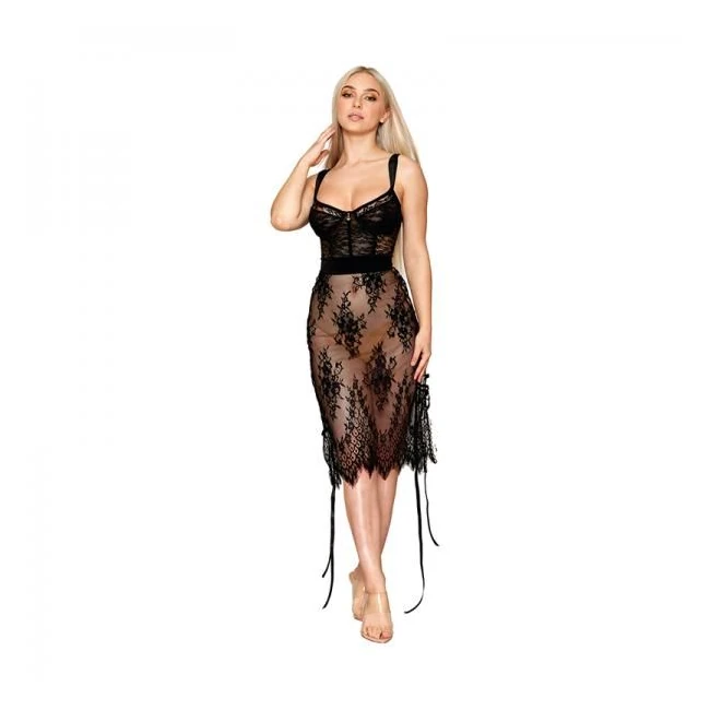 Dreamgirl Floral Lace and Stretch Velvet Slip Chemise Black - Fabric & Feel