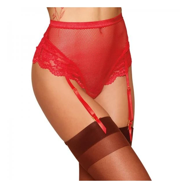 Dreamgirl High-waisted Fishnet And Lace Garter Thong With Satin Ribbon Back Tie Ruby - Fabric & Feel