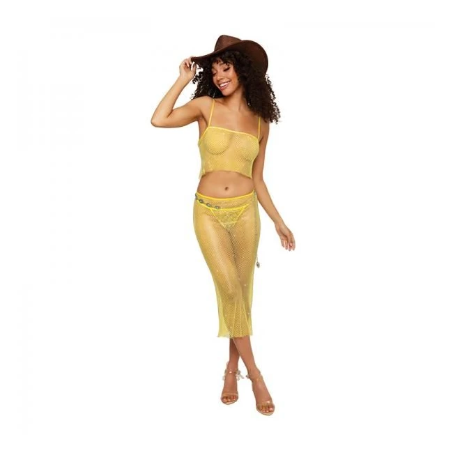 Dreamgirl Iridescent Rhinestone Embellished Fishnet Camisole and G-string Set Citrus - Fabric & Feel