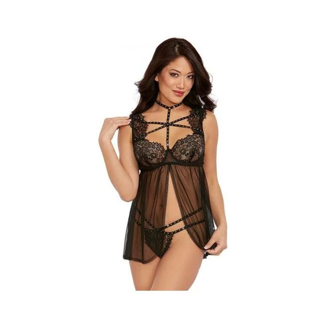 Dreamgirl Lace Babydoll with Thong Black Large Hanging - Fabric & Feel