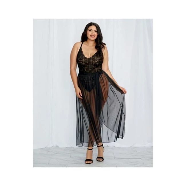 Dreamgirl Plus-size Stretch Lace Teddy & Sheer Mesh Maxi Skirt with Adjustable Straps & G-string Bla - Fabric & Feel