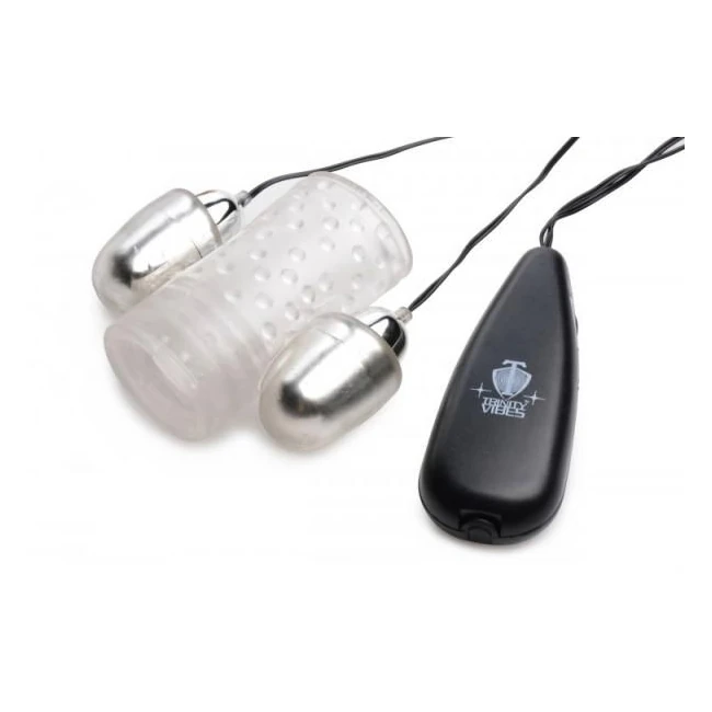 Dual Vibrating Penis Sheath Clear Stroker - Ribbing and Bumps
