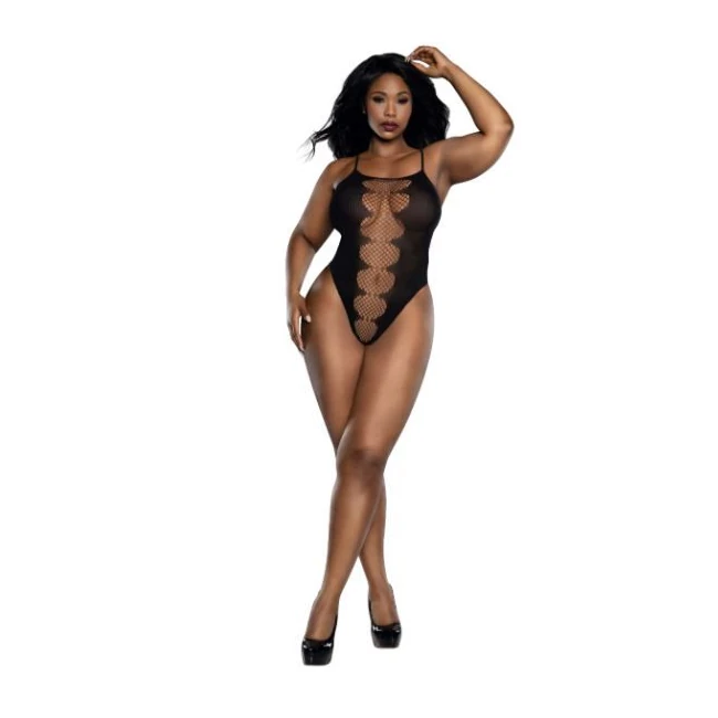 Easy Teddy W/ Fishnet Peek a Boo Blk - Stretch Against Sheer Contrast