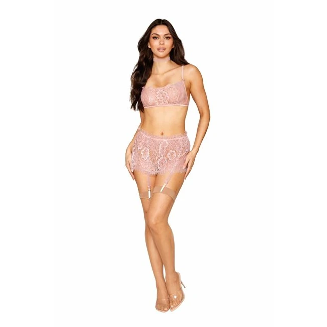 Eyelash Lace Bralette Garter Skirt Set Rose Quartz - Design Details