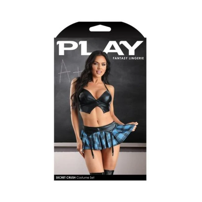 Fantasy Lingerie Play Secret Crush Wetlook Bralette, Gartered Plaid Skirt & G-string Panty Costume - Fabric & Feel