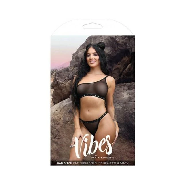 Fantasy Lingerie Vibes Bad Bitch One-shoulder Bling Bralette & Bikini Panty With Rhinestone Letterin - How It Feels
