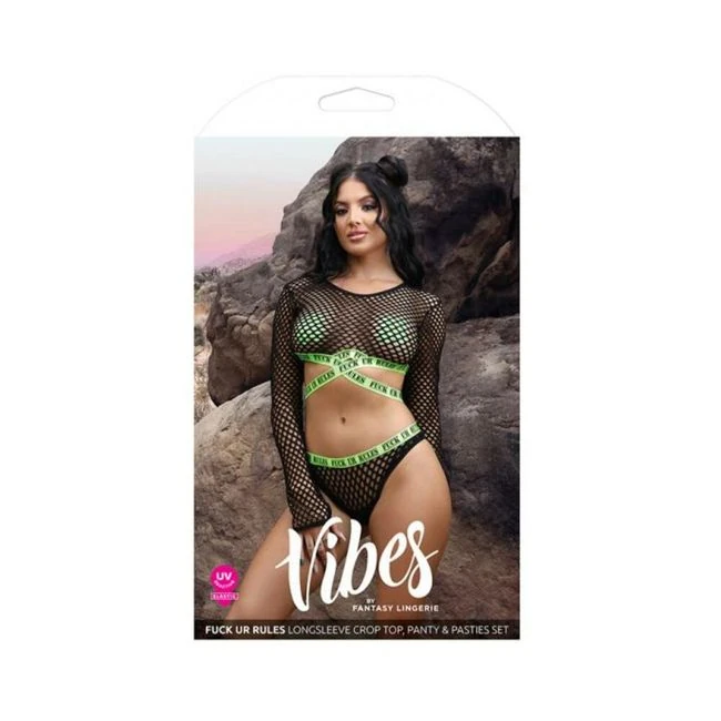 Fantasy Lingerie Vibes Fuck Ur Rules Long Sleeve Fishnet Top & Panty with Uv Reactive Elastic and 1 - How It Feels