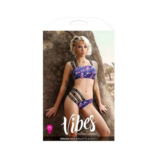 Fantasy Lingerie Vibes Spaced Out Uv Reactive Print Asymmetrical Bralette & Multi Strap Panty Indigo - How It Feels
