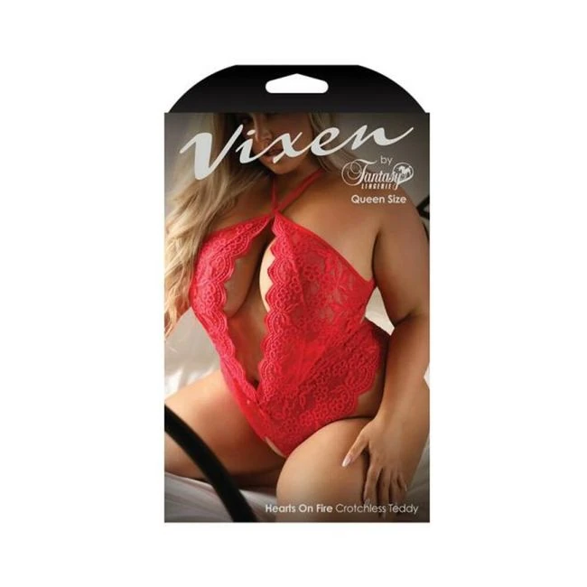 Fantasy Lingerie Vixen Hearts on Fire Crotchless Lace Teddy with Open Pearl Draped Back - Fit & Sizing