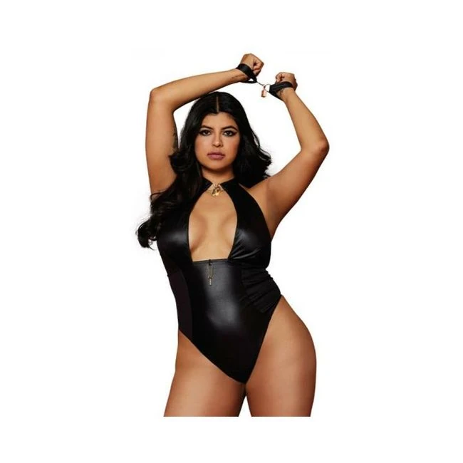 Faux Leather Halter Teddy W/ Padlock Detail - Hardware & Fasteners