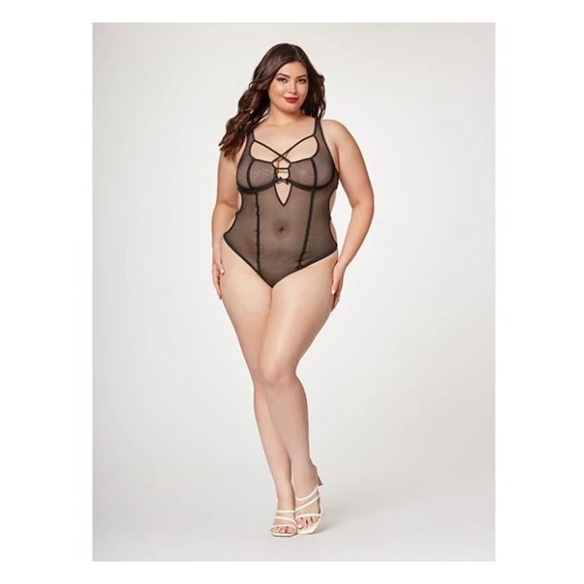 Fishnet Strappy High Cut Leg Teddy Black 1x/2x - Fabric & Feel