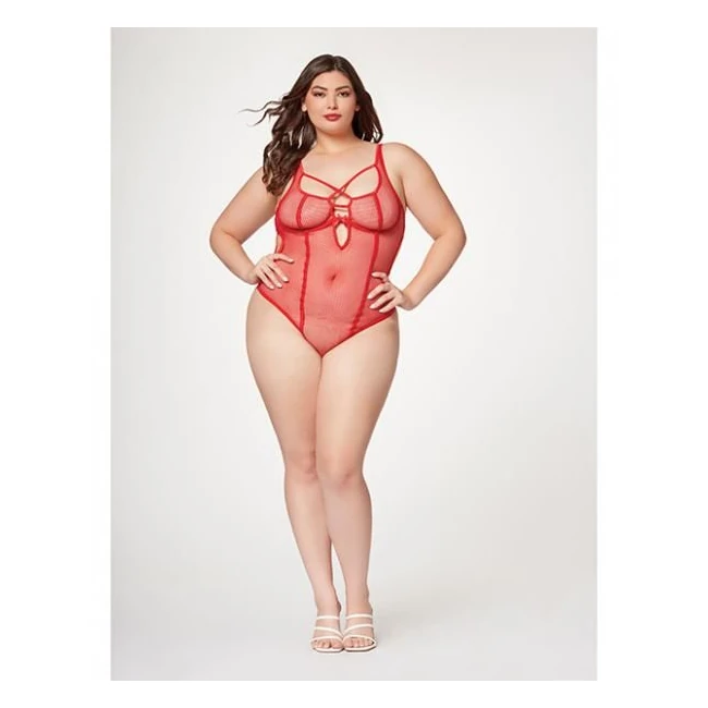 Fishnet Strappy High Cut Leg Teddy Red 1x/2x - Fabric & Feel