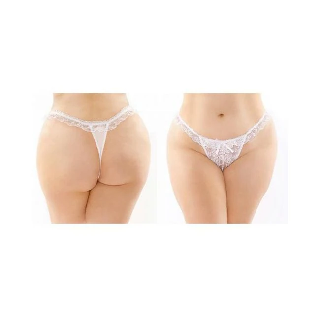 Flora Ruffled Lace Crotchless Pearl Thong White - Design Details