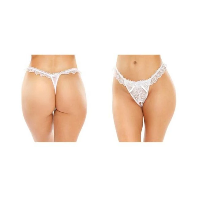 Flora Ruffled Lace Crotchless Pearl Thong White - Fit & Sizing