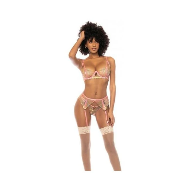Floral Embroidered Underwire Bralette W/garter & Thong Panty - Fabric & Feel