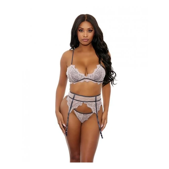 Floral Lace Bra, Cage Garter Belt & G-string - Fabric & Feel
