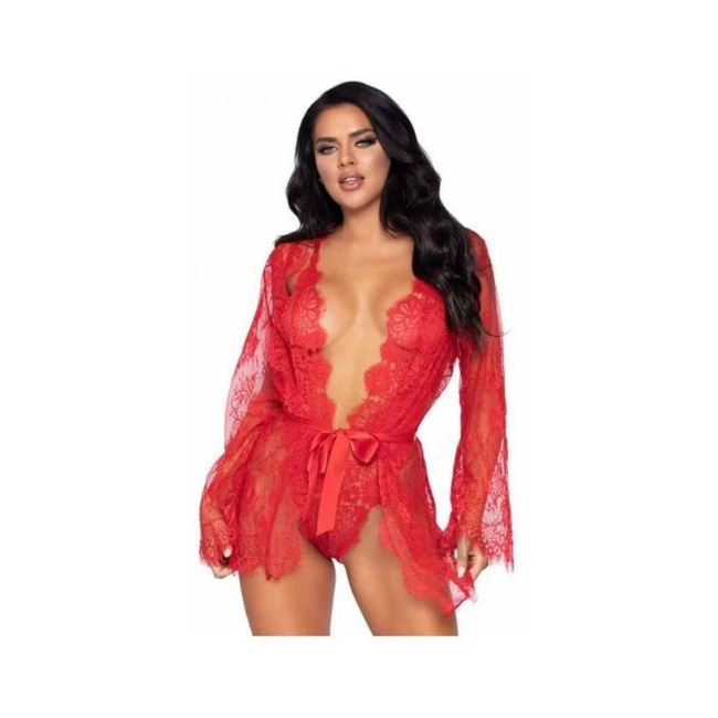 Floral Lace Teddy Thong Robe Tie Md Blk - Fit & Sizing