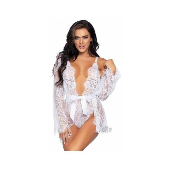 Floral Lace Teddy Thong Robe Tie Md Blk - Fabric & Feel