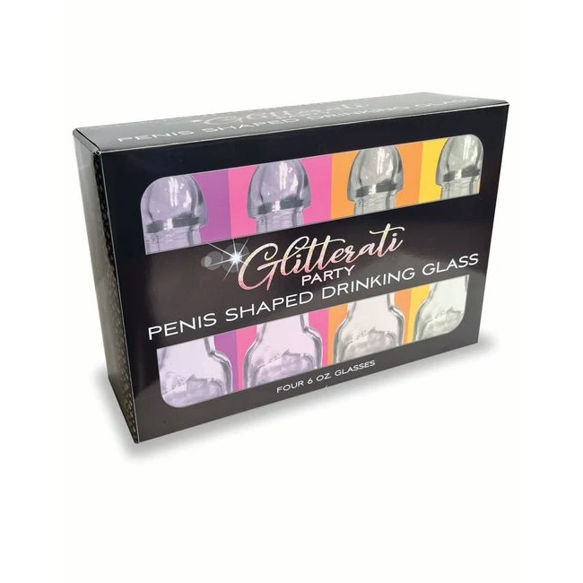 Glitterati Penis 6oz Drinking Glass Pack of 4 - Four Clear Glasses Shaped Like a Penis