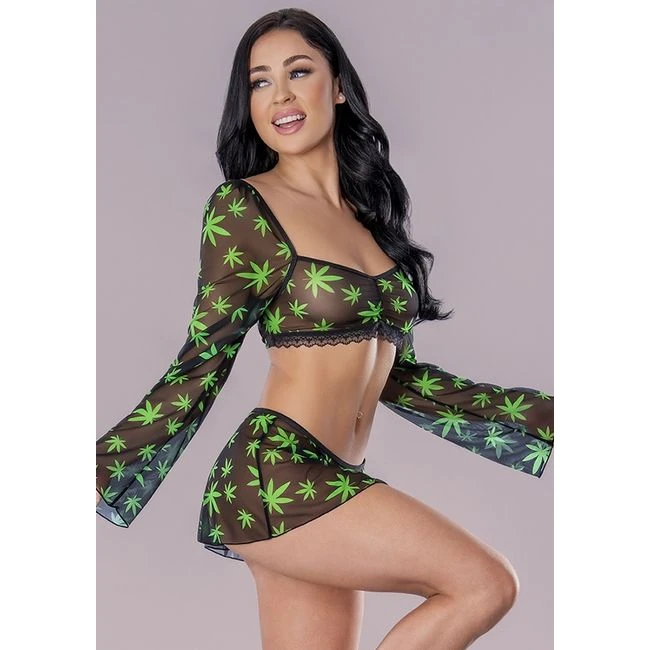 Hazy Dayz Crop Top Skirt & G String Pot Leaf - Silky Softness for Intimate Nights