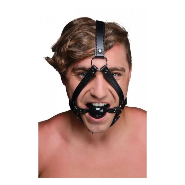 Head Harness with 1.65 Inches Ball Gag Black Leather - Hardware & Fasteners